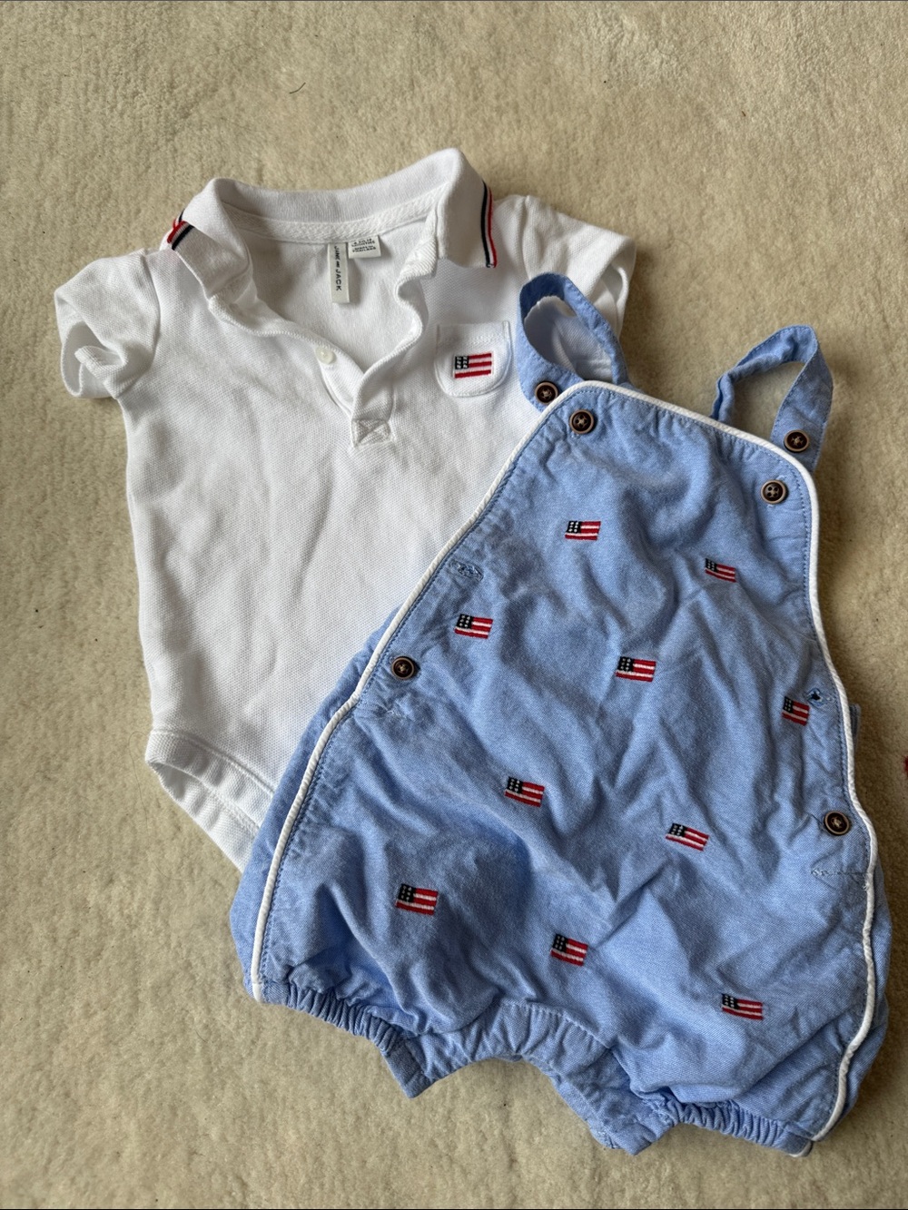 Janie and Jack White Polo Bodysuit with Light Blue Flag Embroidered Romper